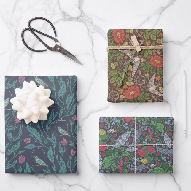 Feuille De Papier Cadeau Mélange victorien de jardin anglais Oiseaux Baies (Recto)