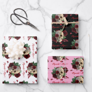 Feuille De Papier Cadeau Memento Mori. Crâne aux roses rouges