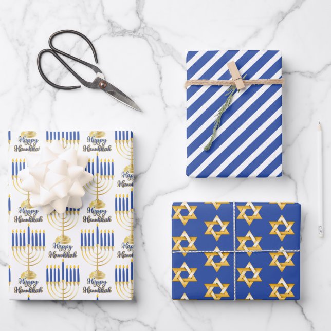 Feuille De Papier Cadeau Menorah avec lumières Happy Hanoukka Wrapping Papi (Recto)