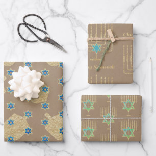 Feuille De Papier Cadeau Menorahs Dreidels Kraft Hanoukka