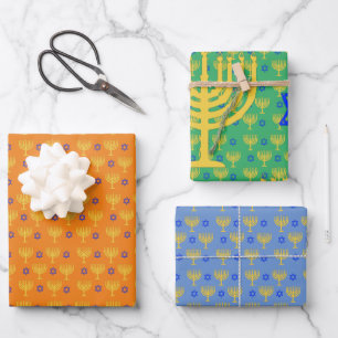 Feuille De Papier Cadeau Menorahs Or + Étoiles Bleues Enveloppant des feuil