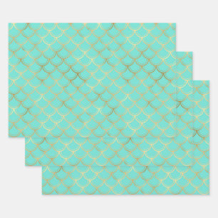 Feuille De Papier Cadeau Menthe et sirène d'or