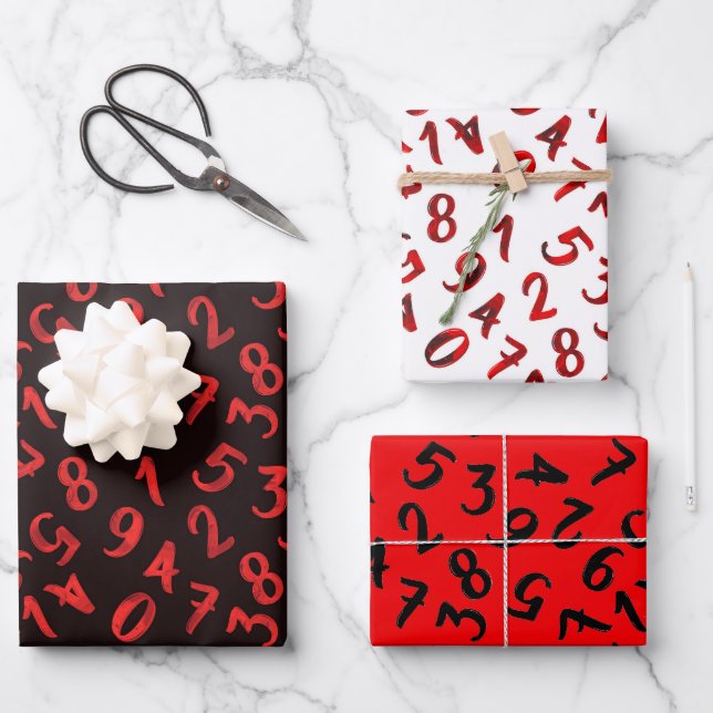 Feuille De Papier Cadeau Mentionnettes Numéros Blanc Rouge Noir Motif Mathé (Recto)