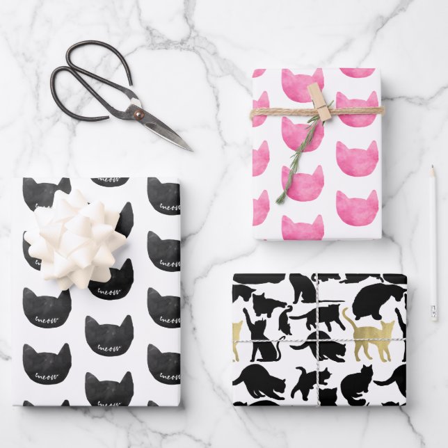 Feuille De Papier Cadeau Meow Black Rose Gold Chats Anniversaire (Recto)