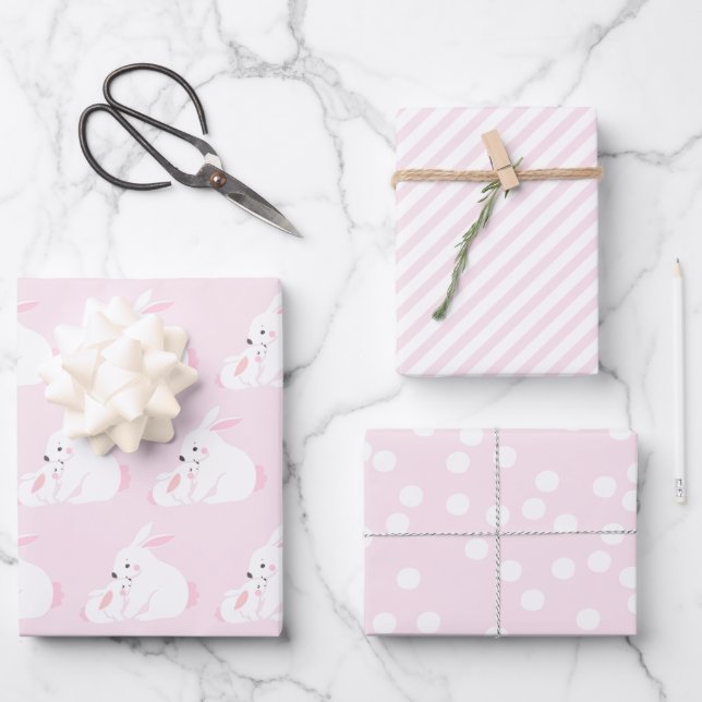 Feuille De Papier Cadeau Mère mignonne et petite fille lapin | Rose (Recto)