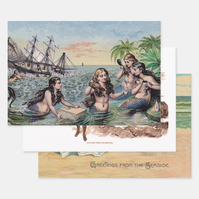 Feuille De Papier Cadeau Mermaid Antique Magie Océan Nautique (Lot)