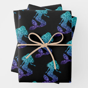 Feuille De Papier Cadeau Mermaid aqua bleu ombre motif noir