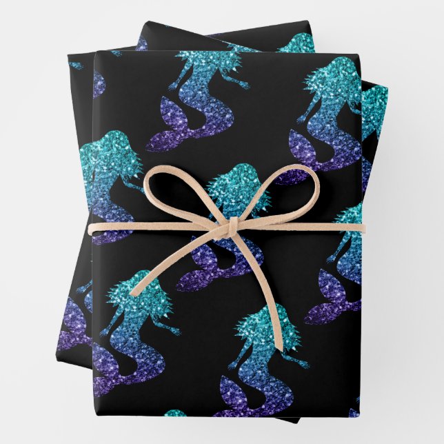 Feuille De Papier Cadeau Mermaid aqua bleu ombre motif noir (En situation)