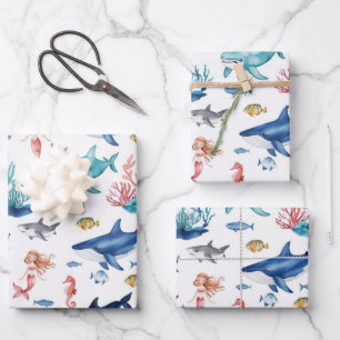 Feuille De Papier Cadeau mermaid blanc arc-en-ciel requin anniversaire