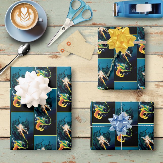 Feuille De Papier Cadeau Mermaid Dragon Imaginaire bleu (Créateur téléchargé)