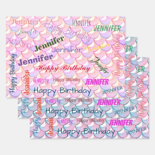 Feuille De Papier Cadeau Mermaid Motif Anniversaire Fille Nom personnalisé  (Lot)