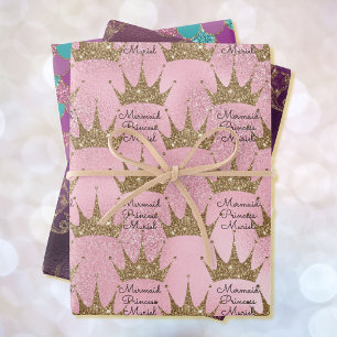 Feuille De Papier Cadeau Mermaid Princess Ajouter le nom Gold Sparkle 3