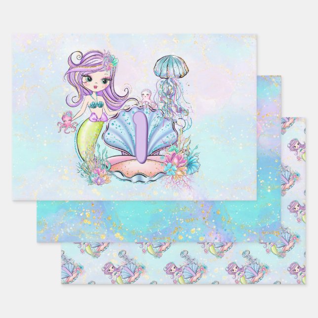 Feuille De Papier Cadeau Mermaid Sea Life | Fête d'anniversaire avec âge pe (Lot)
