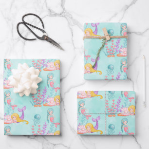 Feuille De Papier Cadeau Mermaids et méduses sous l'aquarelle marine