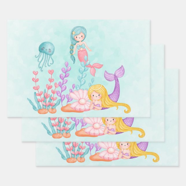 Feuille De Papier Cadeau Mermaids et méduses sous l'aquarelle marine (Lot)