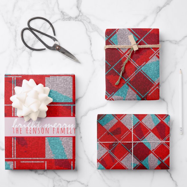 Feuille De Papier Cadeau Merry Bright Red Knit Tricot Famille (Recto)