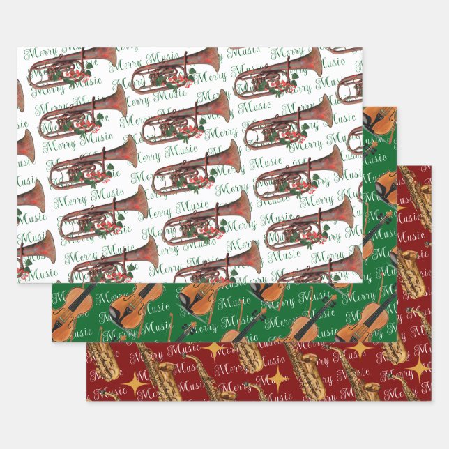 Feuille De Papier Cadeau Merry Music Saxophone, Violon et Trumpet Festival (Lot)