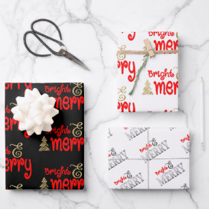 Feuille De Papier Cadeau Merry Typographie brillante Noir rouge Noël