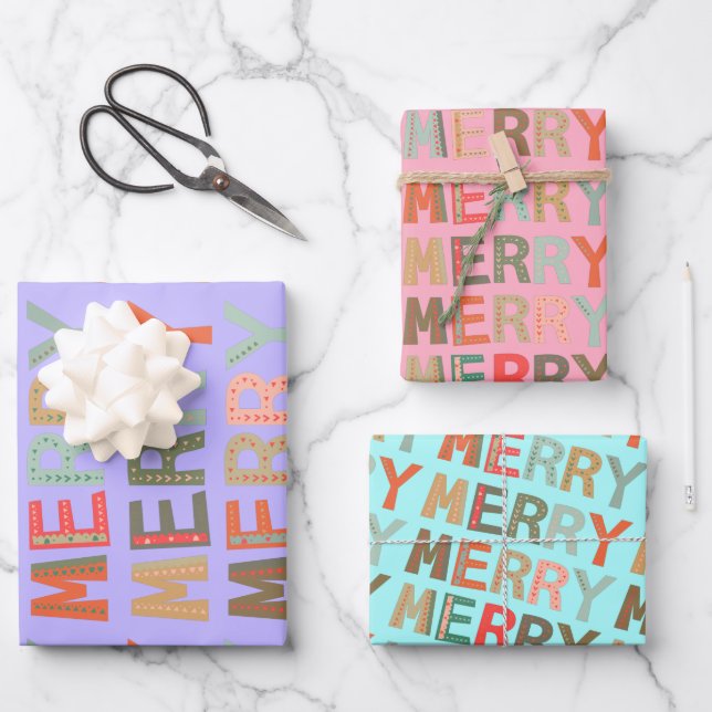 Feuille De Papier Cadeau MERRY Words funky Wrapper Paper (Recto)