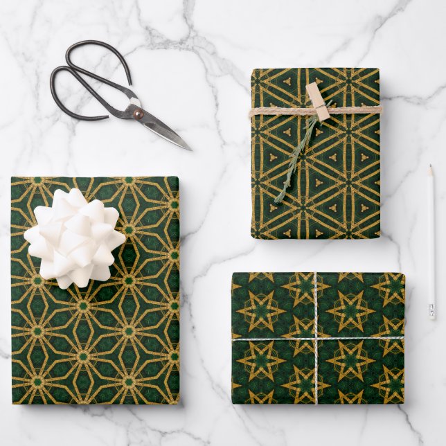 Feuille De Papier Cadeau Merveille émeraude verte et or Noël (Recto)