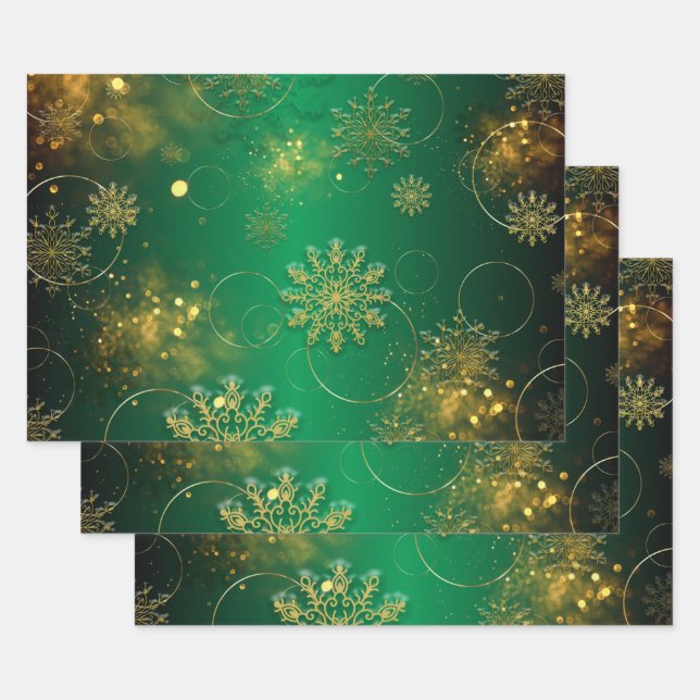 Feuille De Papier Cadeau Merveilles d'hiver de Noël Vert et Or (Lot)