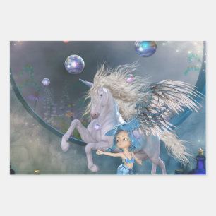 Feuille De Papier Cadeau Merveilleuse licorne blanche avec peu de fée