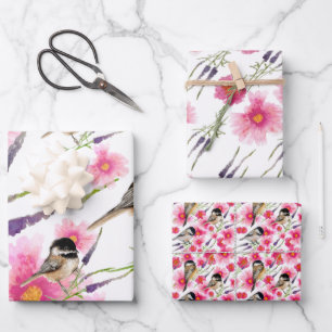 Feuille De Papier Cadeau Mésange mignonne aquarelle florale 