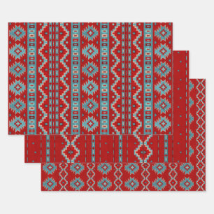 Feuille De Papier Cadeau Mesas Sud-Ouest Turquoise et rouge Motifs géométri