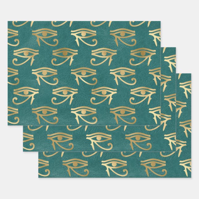 Feuille De Papier Cadeau Métallurgie de l'OEil égyptien sur vert (Lot)