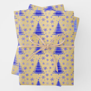 Feuille De Papier Cadeau Métallurgique Bleu Arbres de Noël Motif