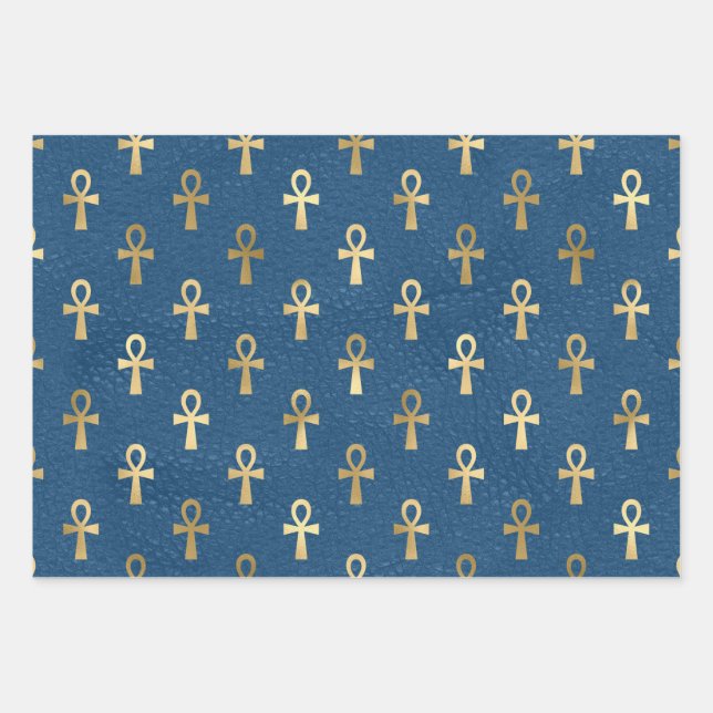 Feuille De Papier Cadeau Métallurgique égyptien Ankh sur le bleu (Devant)