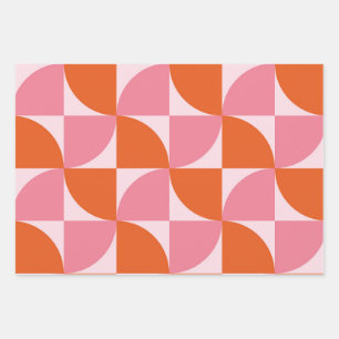 Feuille De Papier Cadeau Mi-siècle Abstrait Orange et Motif rose