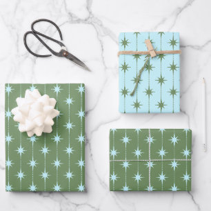 Feuille De Papier Cadeau Mi-siècle moderne Atomique étoiles Motif Olive Blu