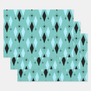 Feuille De Papier Cadeau Mi-siècle moderne Diamants Starburts bleu Turquois