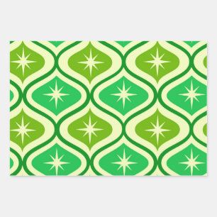 Feuille De Papier Cadeau Mi-Siècle Retro Starburs Sur Green Ogee Motif