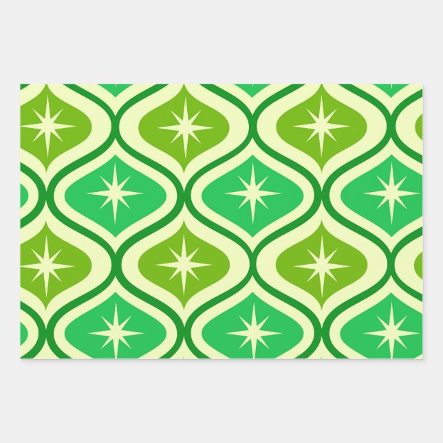 Feuille De Papier Cadeau Mi-Siècle Retro Starburs Sur Green Ogee Motif (Devant)