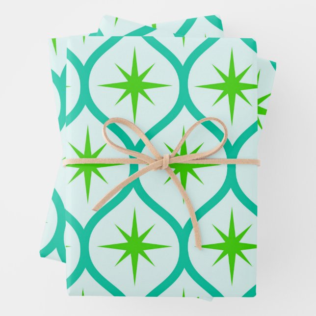 Feuille De Papier Cadeau Mid-Century Green Starbursauts sur Ogee Motif (En situation)