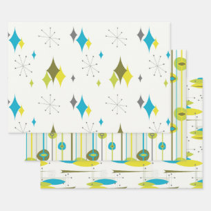 Feuille De Papier Cadeau Mid Century Moderne diamant, poisson, vert avocat