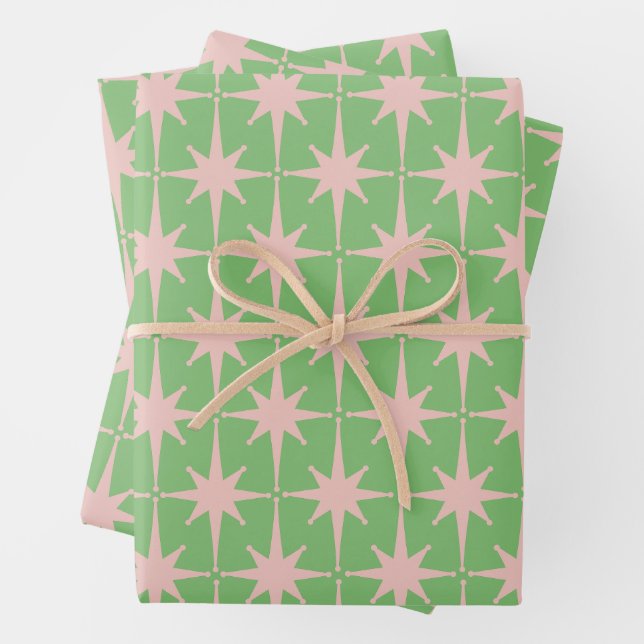 Feuille De Papier Cadeau Mid Century moderne Starburst atomique Motif vert (En situation)