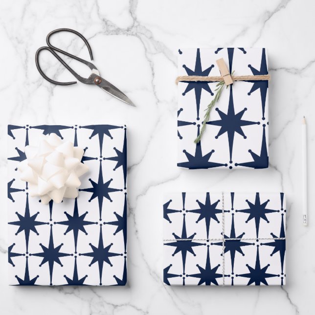 Feuille De Papier Cadeau Mid Century moderne Starburst Motif Marine (Recto)