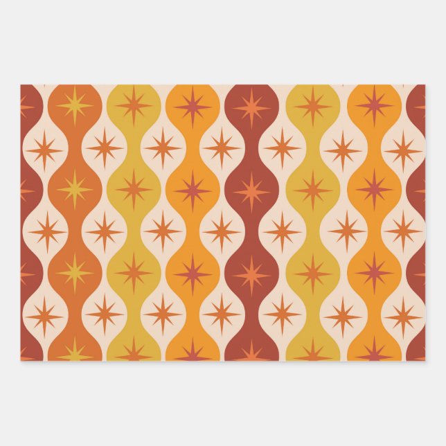 Feuille De Papier Cadeau Mid Century Orange Mod Stars sur un motif ogénique (Devant)
