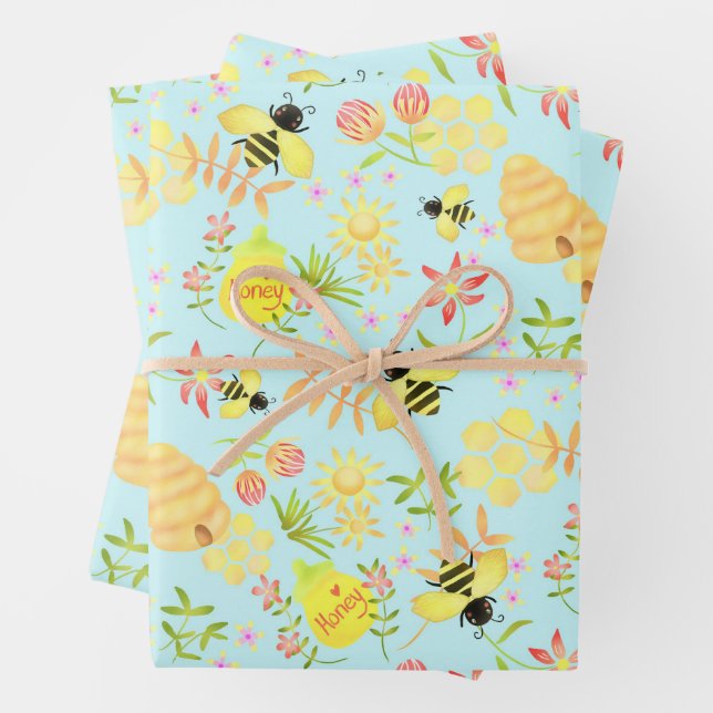 Feuille De Papier Cadeau Miel Bee Blue (En situation)