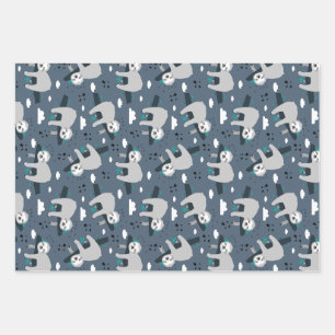 Feuille De Papier Cadeau mignon adorable motif de paresseux gris fond bleu
