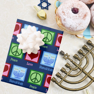 Feuille De Papier Cadeau Mignon Peace Love Hanoukka Motif Bleu foncé