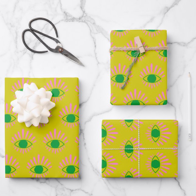 Feuille De Papier Cadeau Mignonne cuisine oeil mystique en rose jaune vert (Recto)