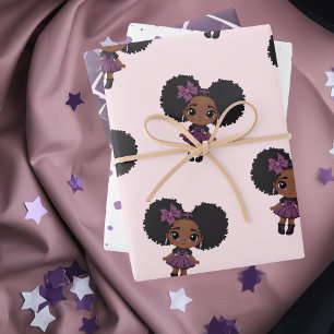 Feuille De Papier Cadeau mignonne fille pourpre point afro-puff