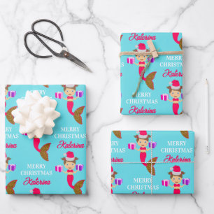 Feuille De Papier Cadeau Mignonne Noël Sirène fille Santa Chapeau en mer