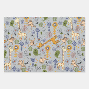 Feuille De Papier Cadeau Mignons animaux de la Jungle enveloppant des feuil