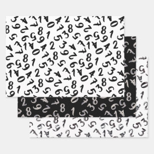 Feuille De Papier Cadeau Mignons chiffres Noir Blanc Gris Motif Mathématiqu