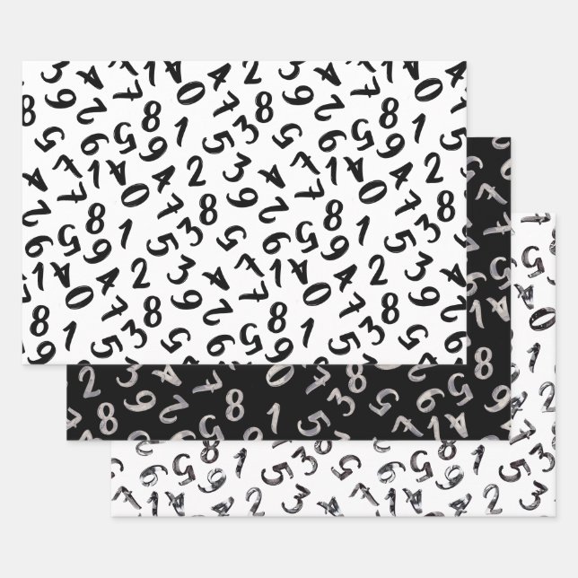 Feuille De Papier Cadeau Mignons chiffres Noir Blanc Gris Motif Mathématiqu (Lot)